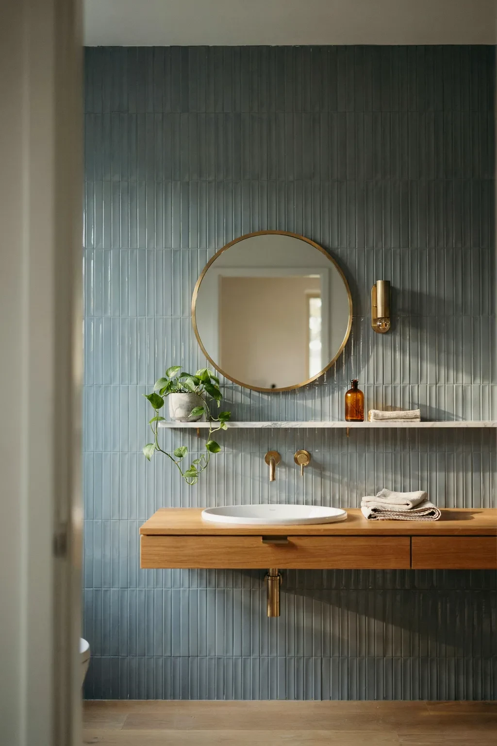 Bathroom with a soft blue-grey vertical fluted kit-kat tile wall and oak vanity