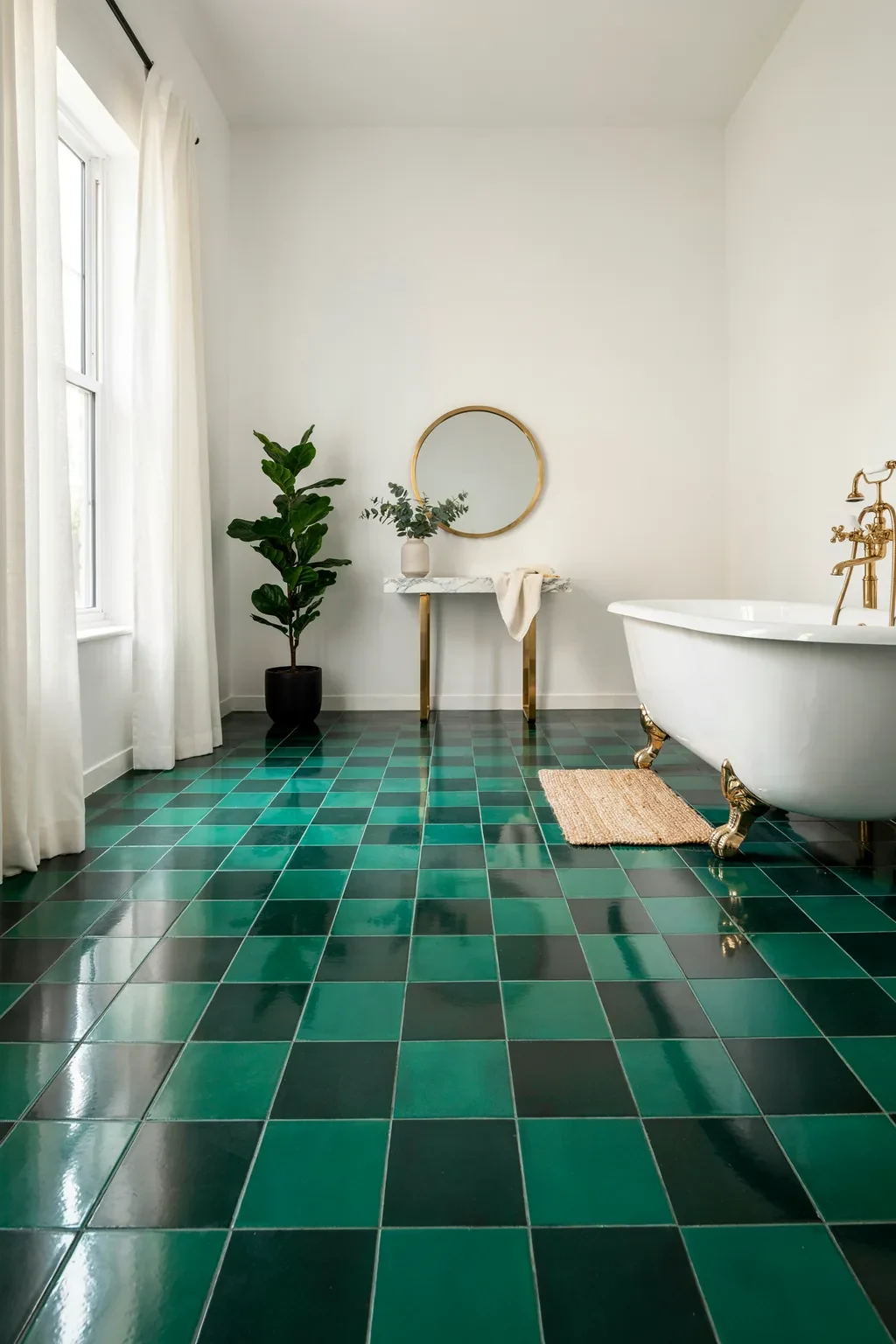 Bathroom with a glossy emerald green and black checkerboard tile floor