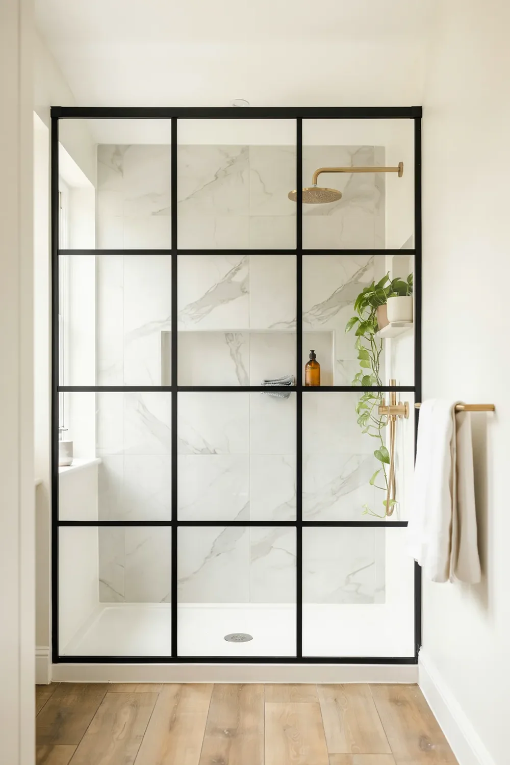 Use a Black-Framed Shower Screen
