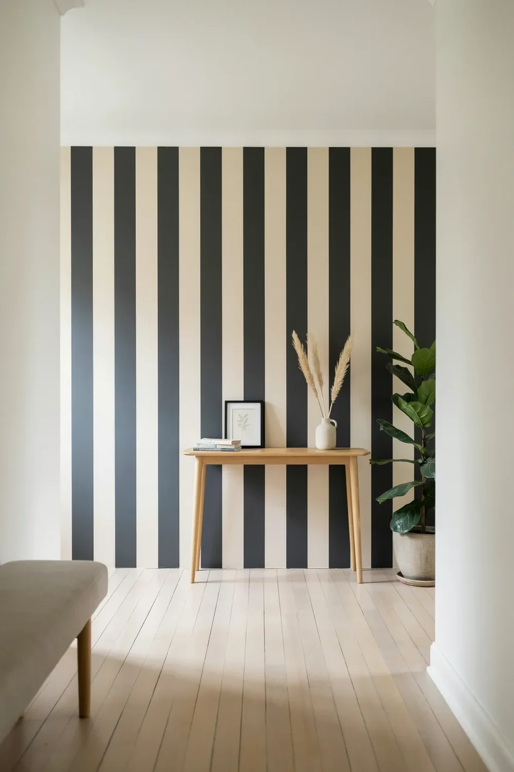 Vertical Black Stripes Stretch a Low Wall