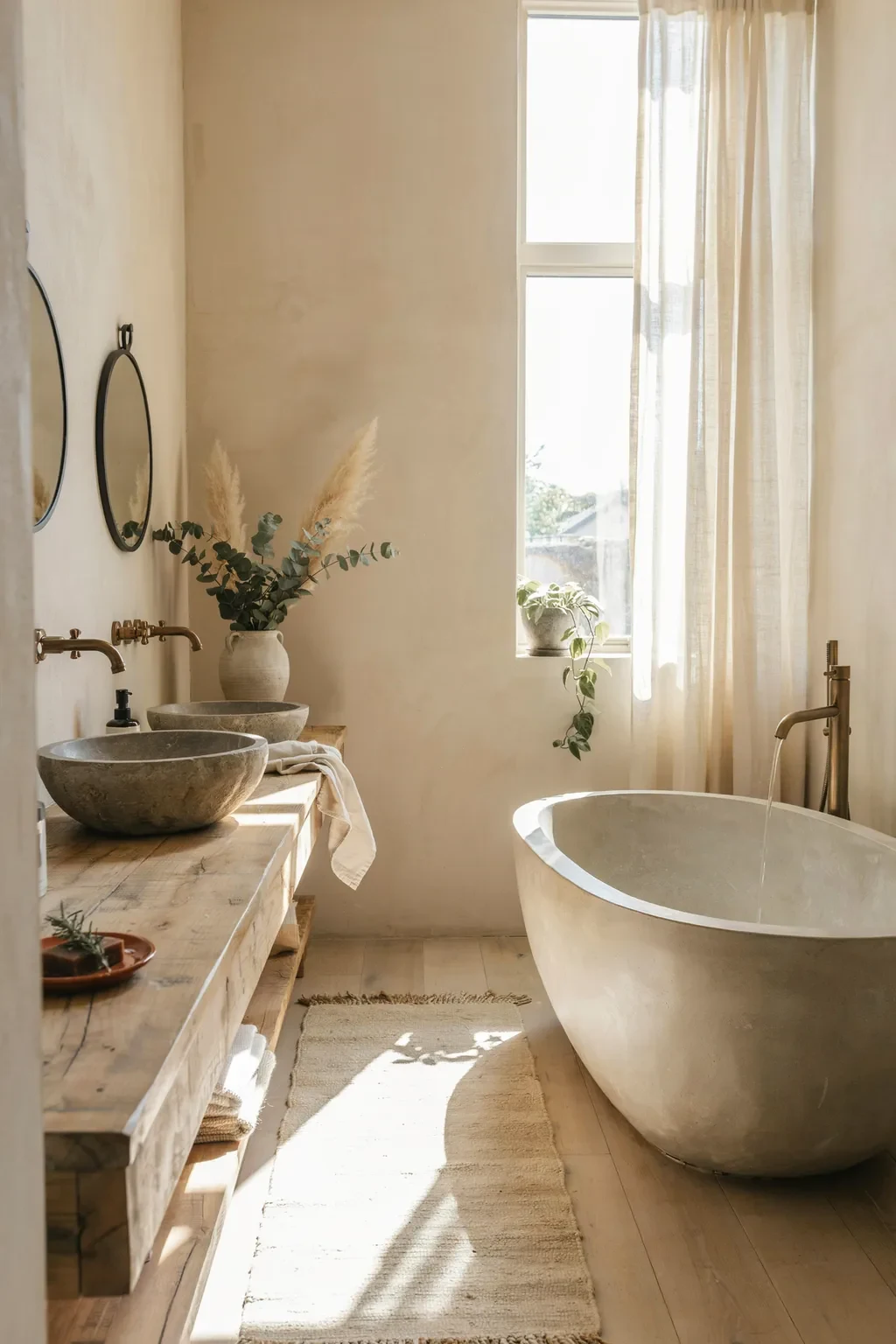 Wabi sabi bathroom with a double stone vessel vanity and concrete tub