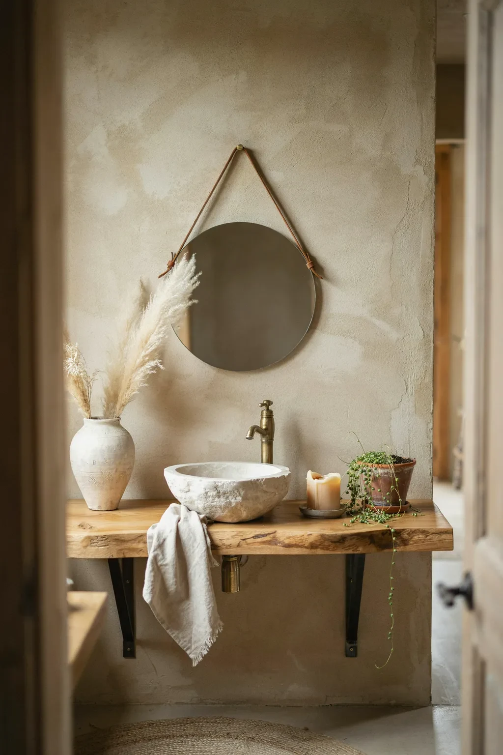 Wabi sabi bathroom with a live-edge oak vanity and stone basin
