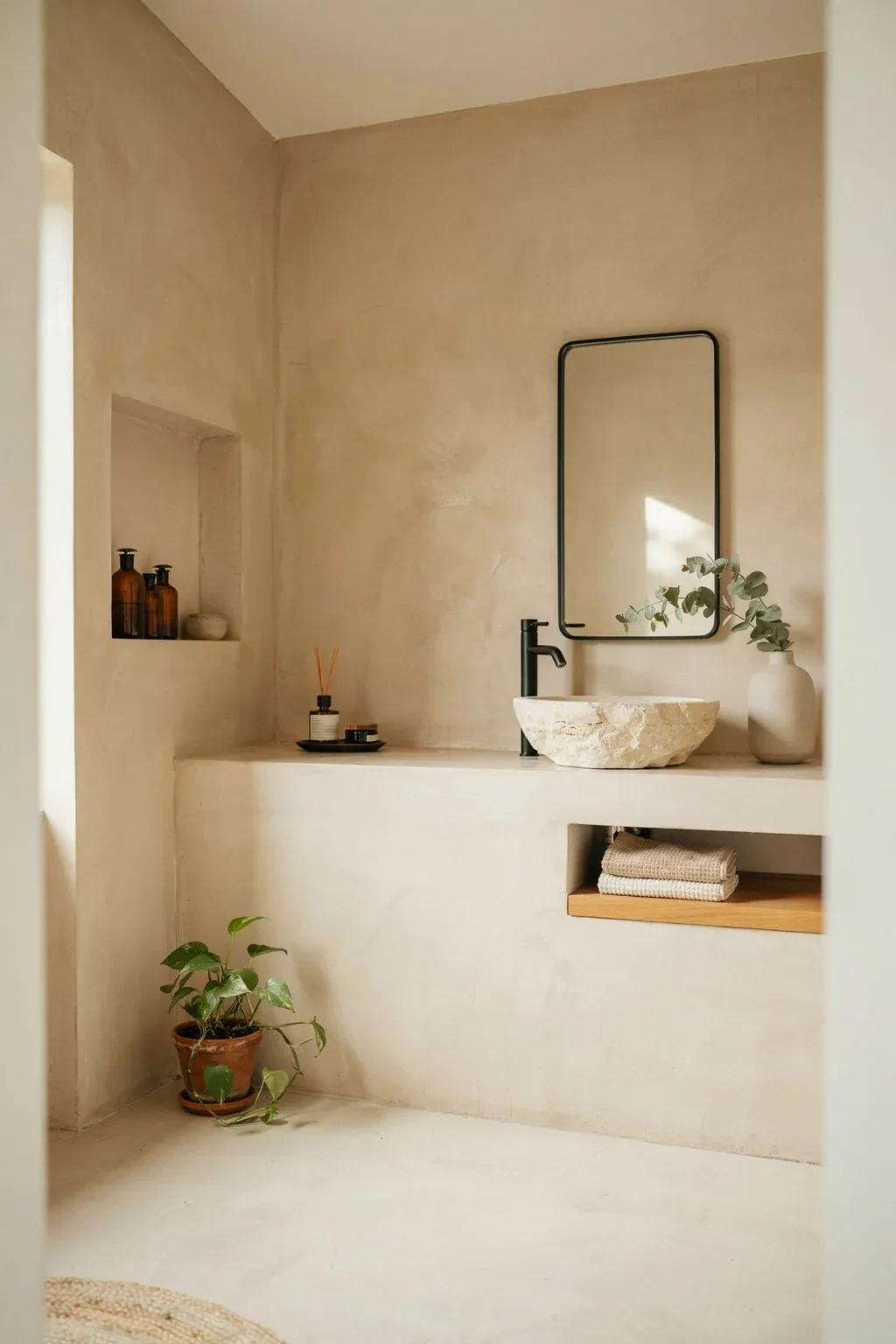 Warm microcement wabi sabi bathroom with a rough stone vessel sink