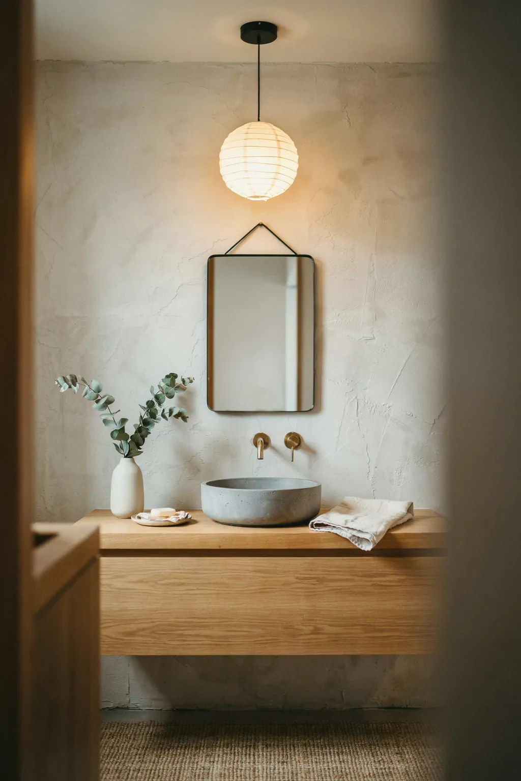 Wabi sabi bathroom with a paper globe pendant over a light oak vanity