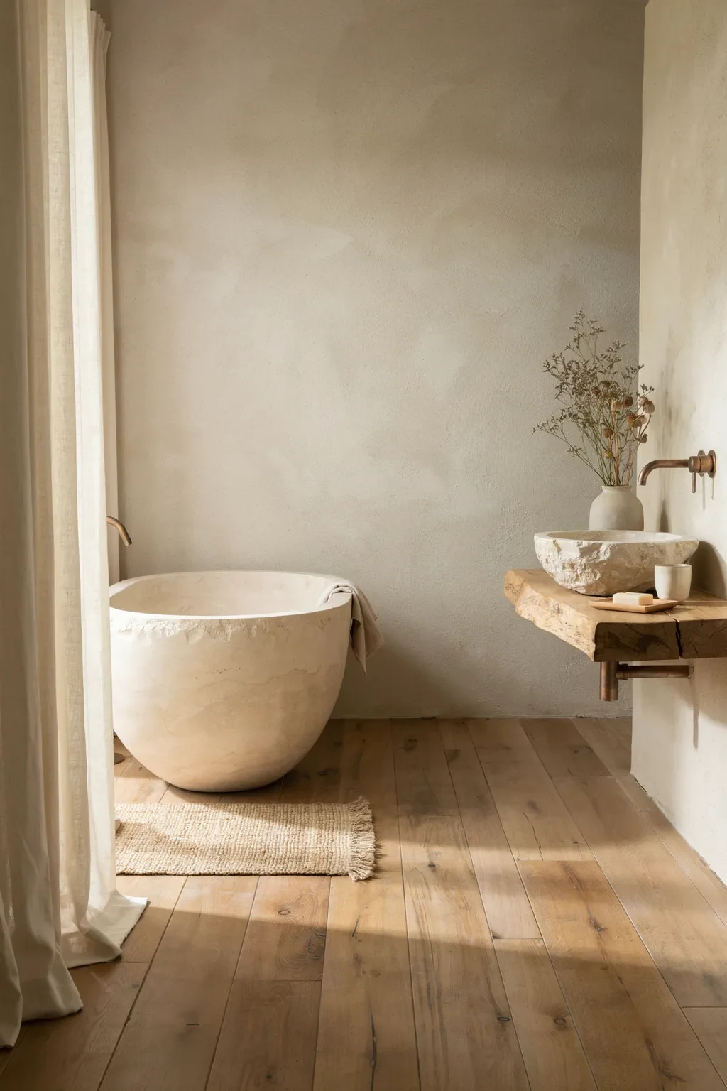 Serene wabi sabi bathroom with a sculptural stone tub and live-edge vanity