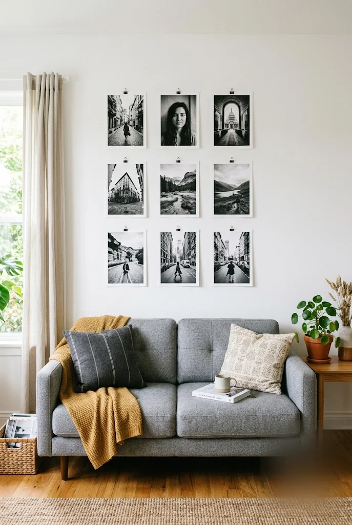 Black and White Photo Grid With Binder Clips