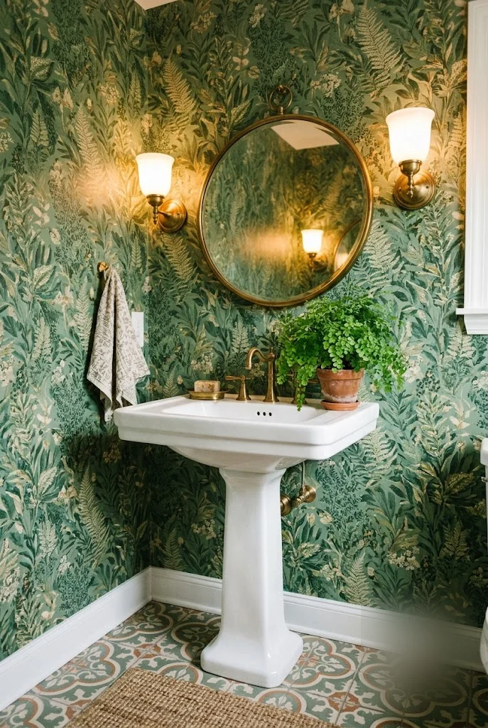 Sage Green Botanical Wallpaper Powder Room
