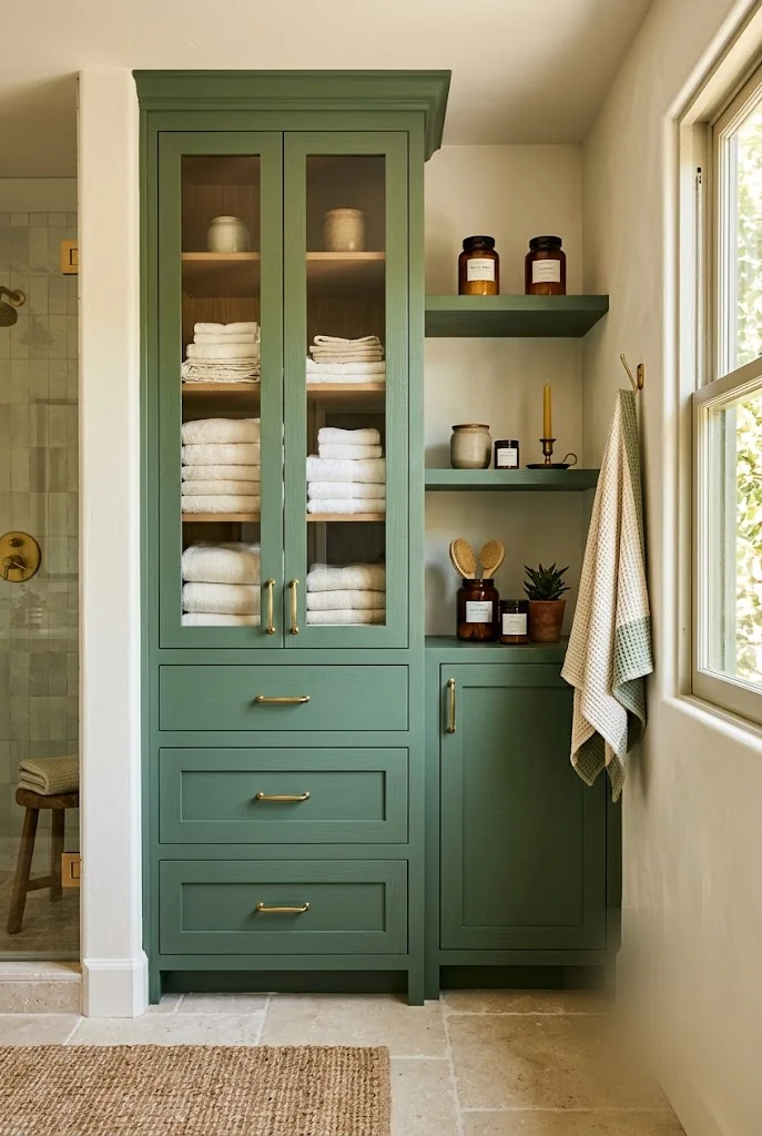 Sage Green Built-In Linen Cabinet with Glass Doors