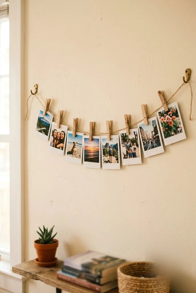 Clothesline Photo Display With Wood Clothespins