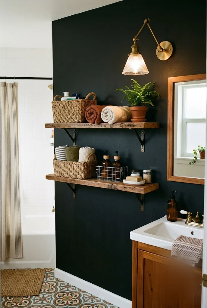 Dark Accent Wall Bathroom Shelving