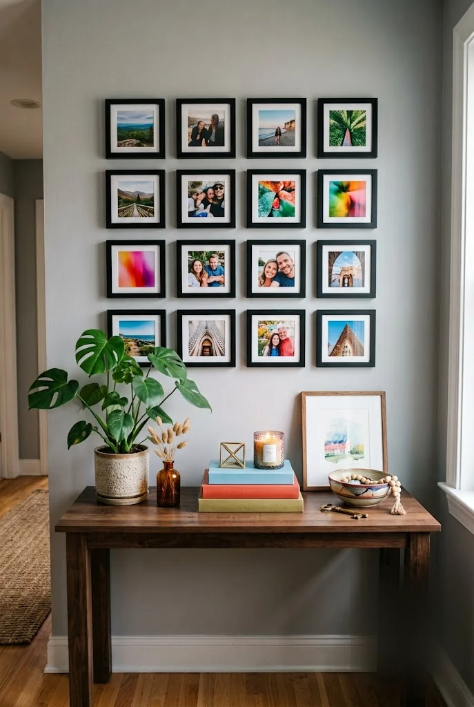 Square Photo Tile Grid Above a Console Table