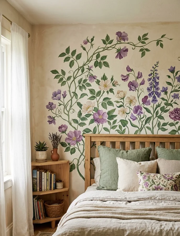 Hand-Painted Vine Mural Bedroom Wall