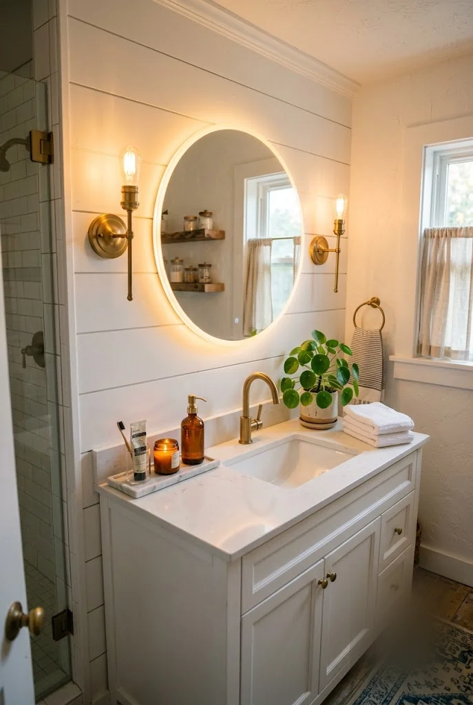 Round Lighted Mirror Bathroom Vanity Idea