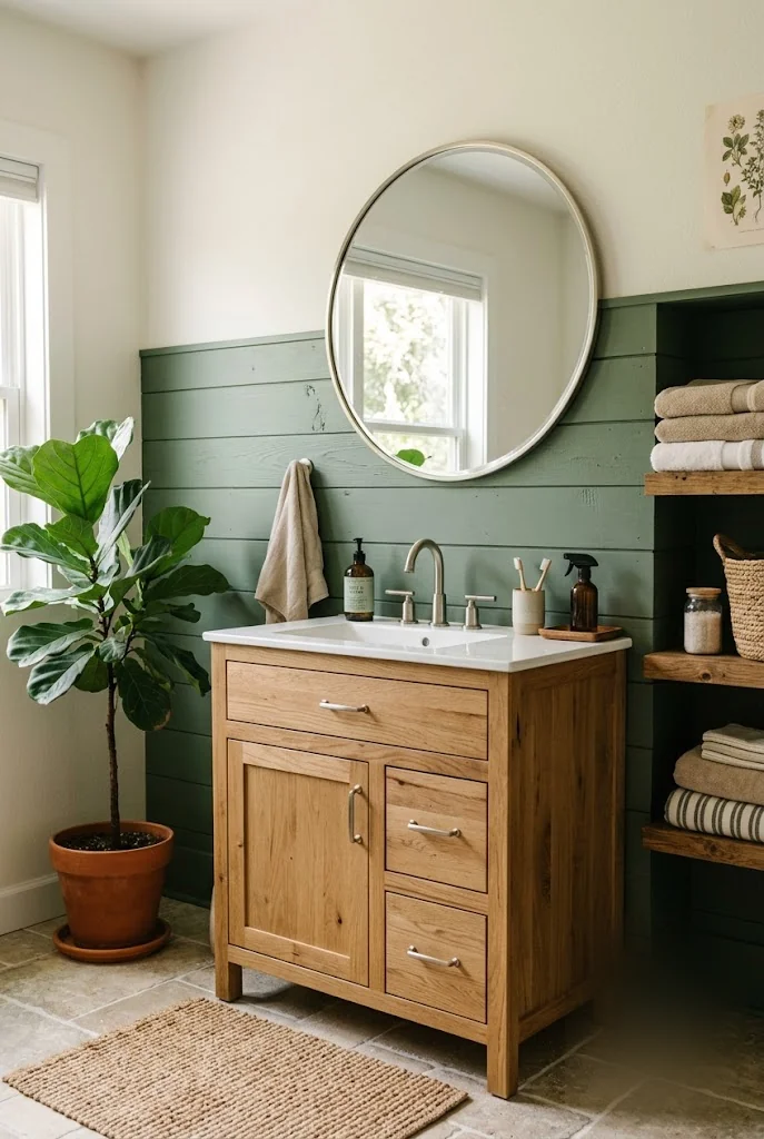 Sage Green Shiplap Half-Wall Behind the Vanity