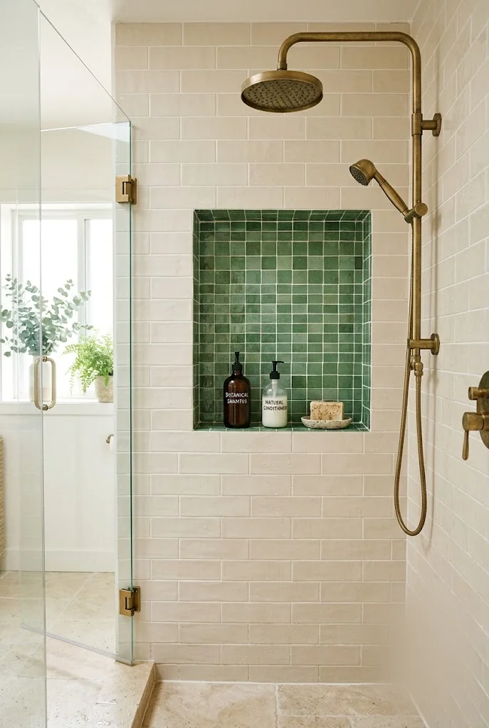 Sage Green Mosaic Tile Niche in the Shower
