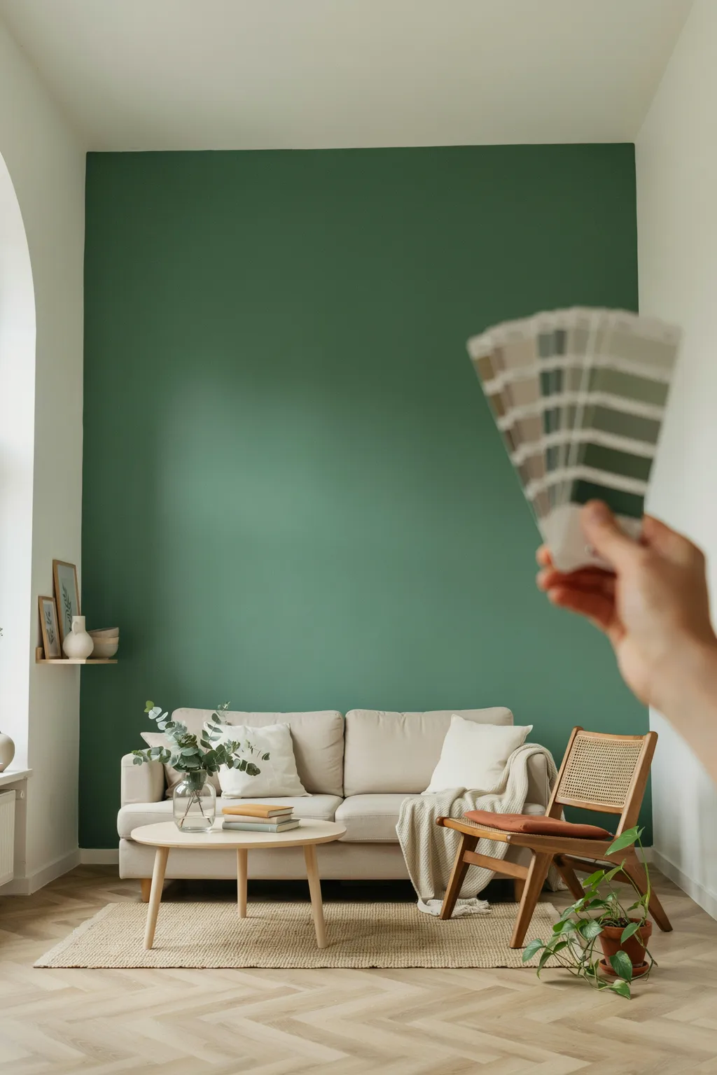 A Single Green Accent Wall Behind the Sofa