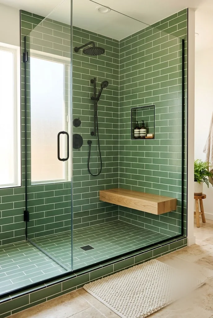 Sage Green Subway Tile Walk-In Shower