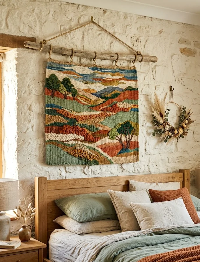 Woven Landscape Tapestry Above Bed