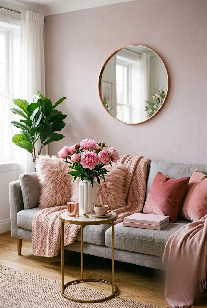 Blush Pink Accents for a Grey Living Room