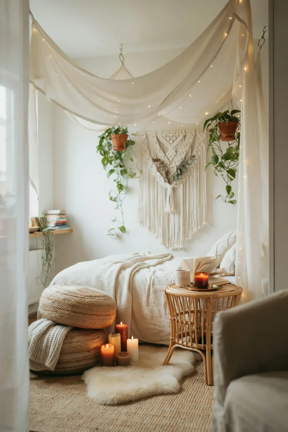 Boho Canopy Bedroom Idea with Plants and Fairy Lights