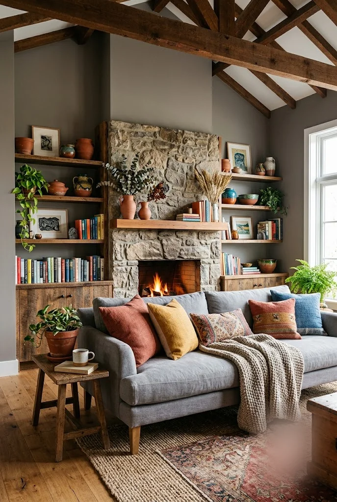 Exposed Wood Beams in a Grey Living Room