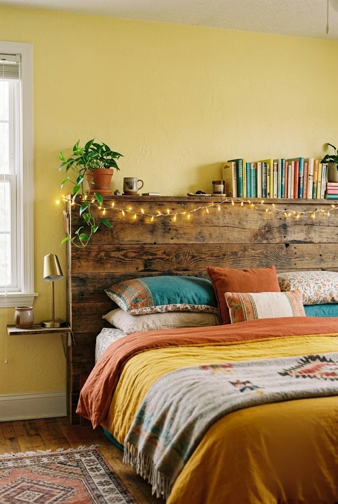 Reclaimed Wood Headboard With Fairy Lights