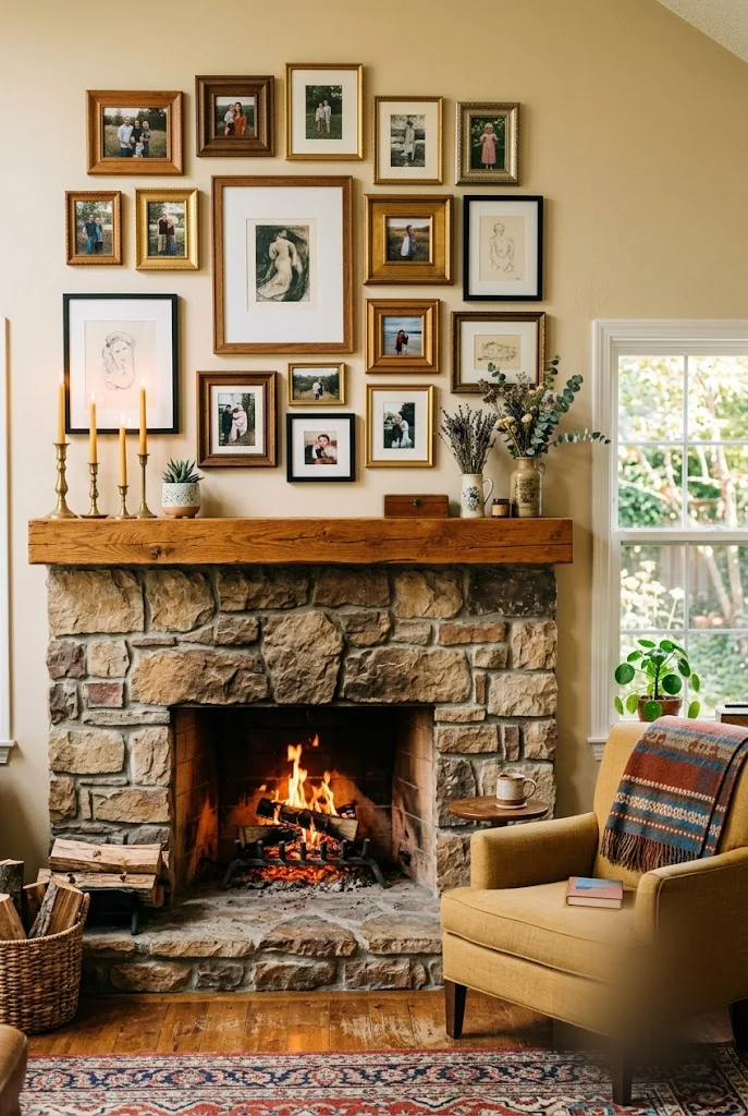Family Photo Gallery Above a Stone Fireplace