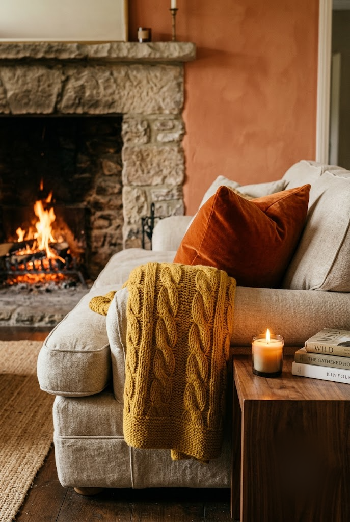 Chunky Knit Throw by the Fireplace