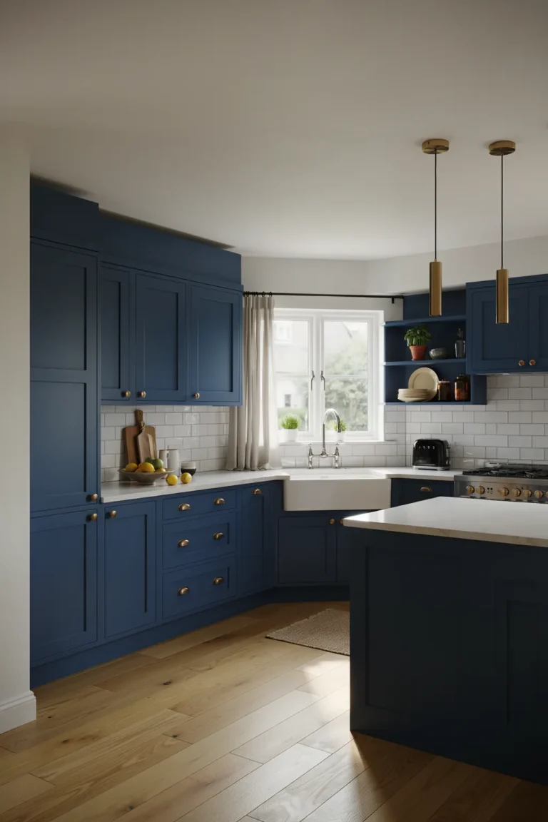 Classic Navy Shaker Kitchen with White Quartz and Brass Hardware