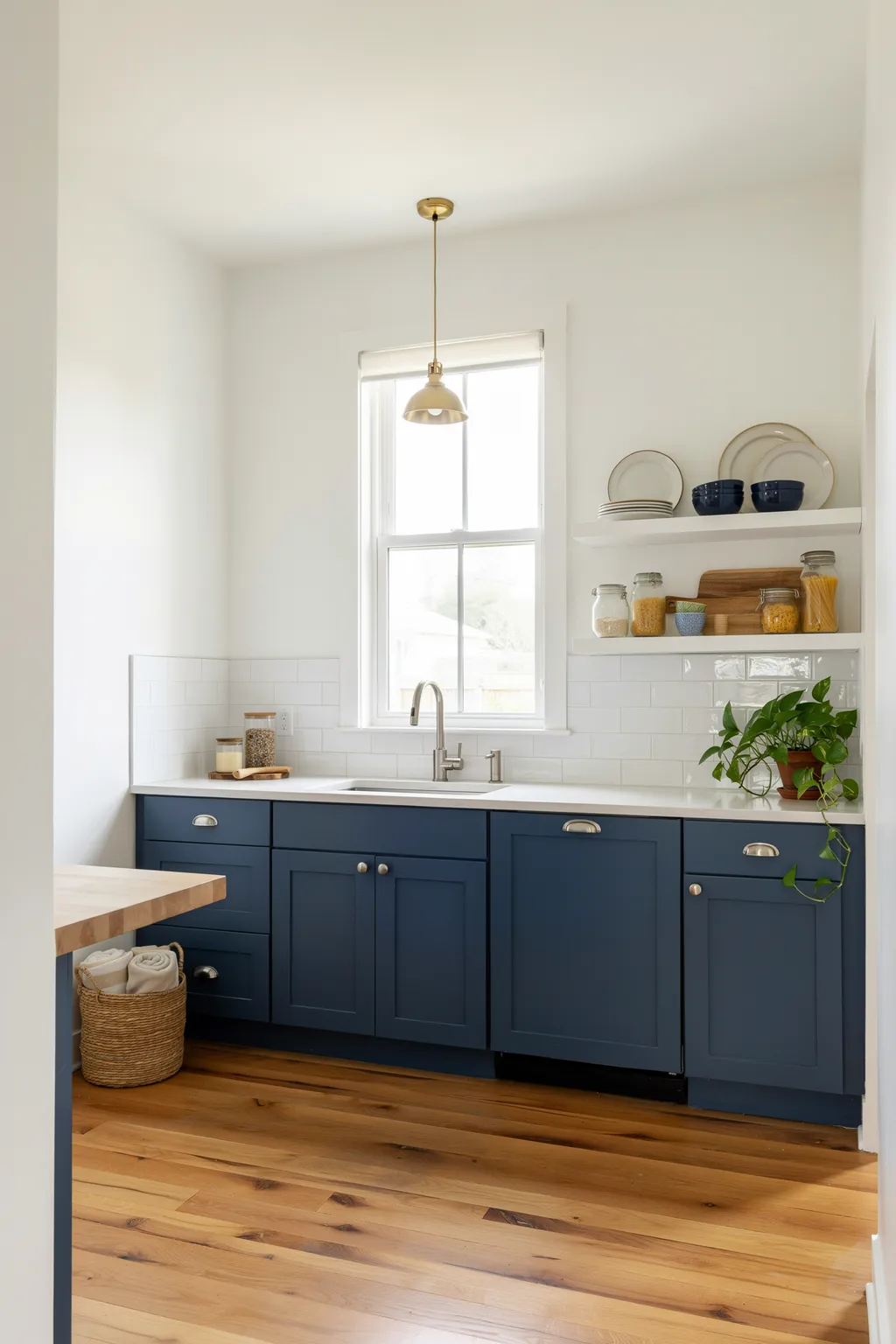 Coastal Navy Kitchen with White Subway Tile