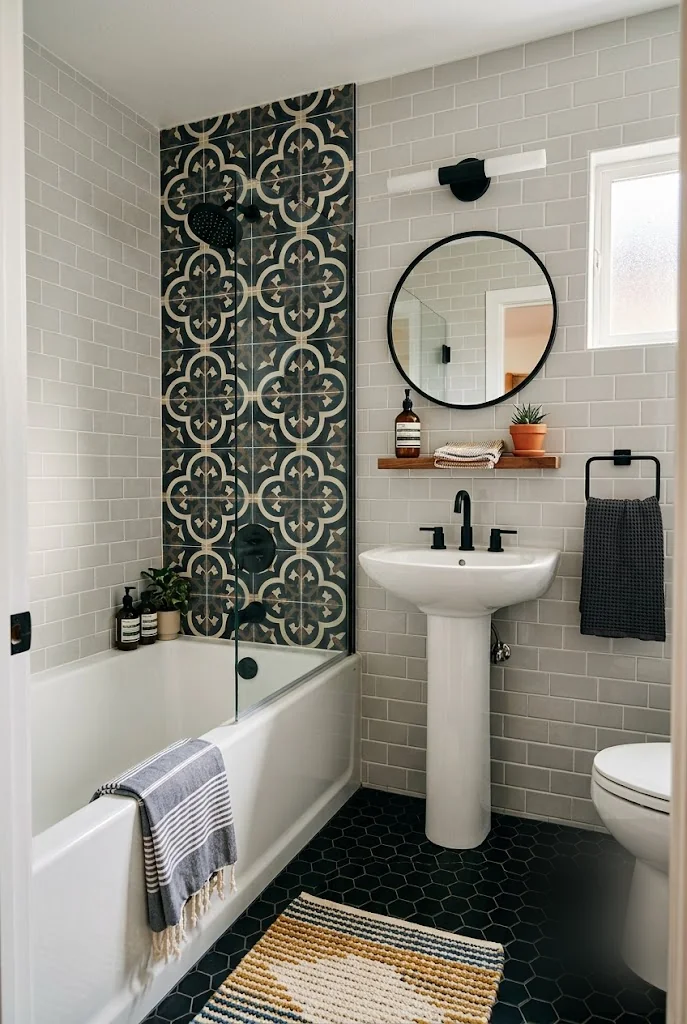 Patterned Tile Accent Wall Small Bathroom