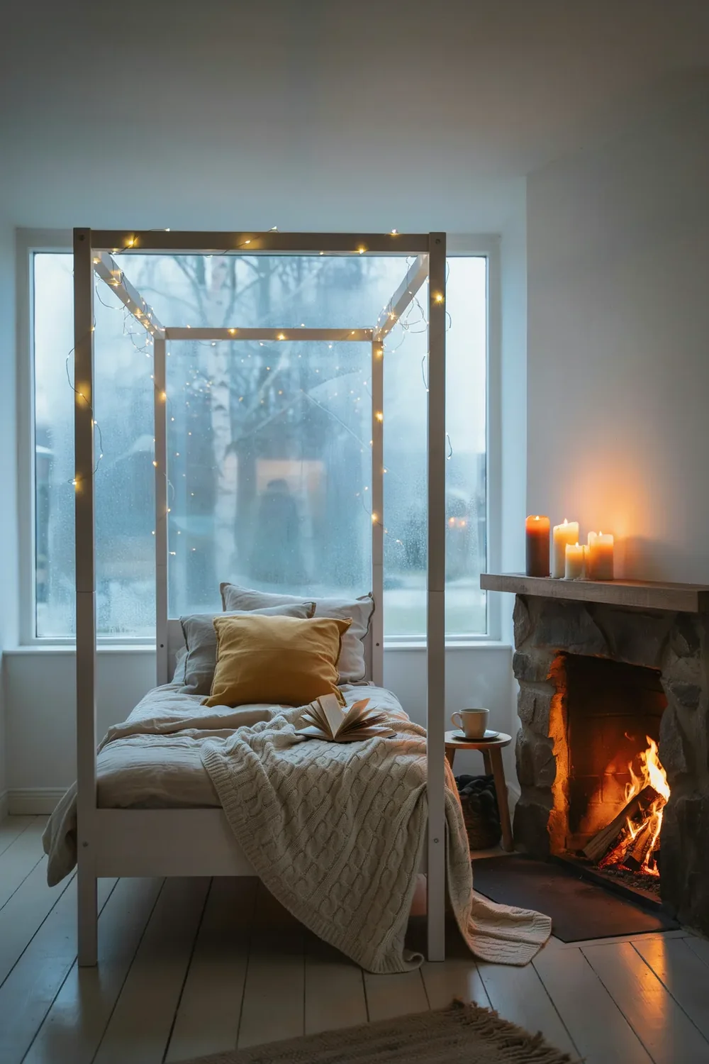 Cozy Winter Canopy Bedroom Idea with Fairy Lights