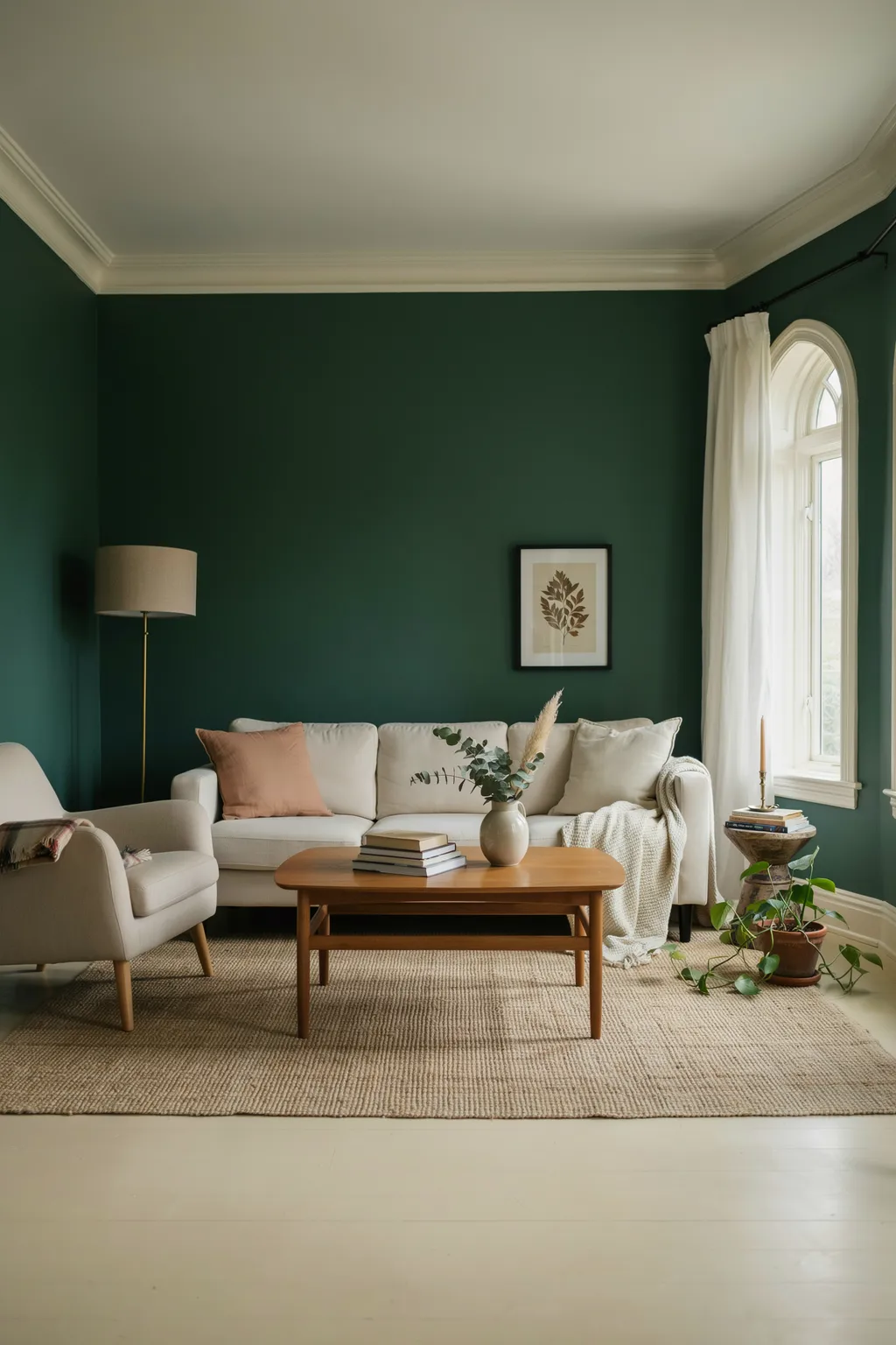 Dark Green Walls Balanced with Light Furniture