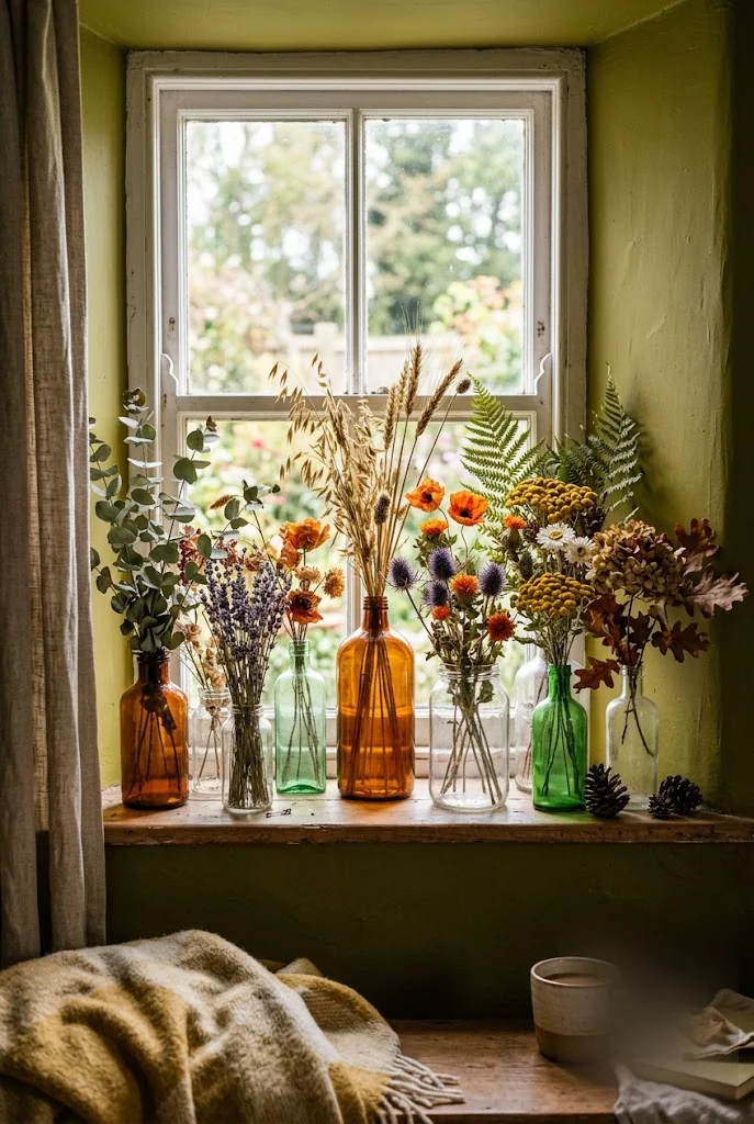 Old Bottles as Windowsill Flower Vases
