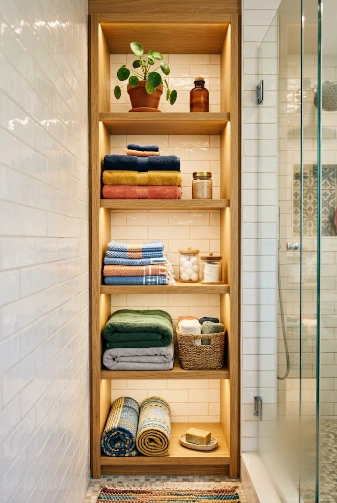 Custom White Oak Shower Shelving