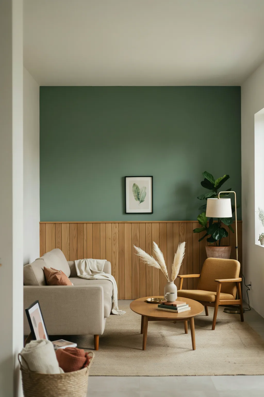 Green Walls With Wood Paneling for Texture