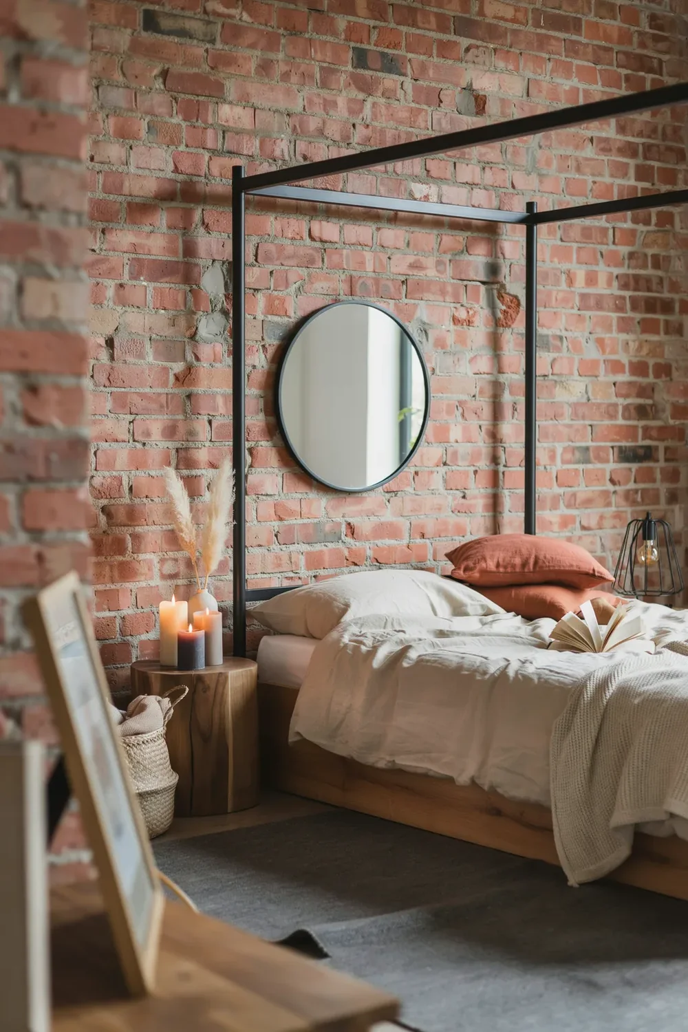 Industrial Canopy Bedroom Idea with Exposed Brick