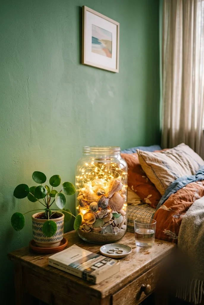 Fairy Lights and Shells in a Mason Jar