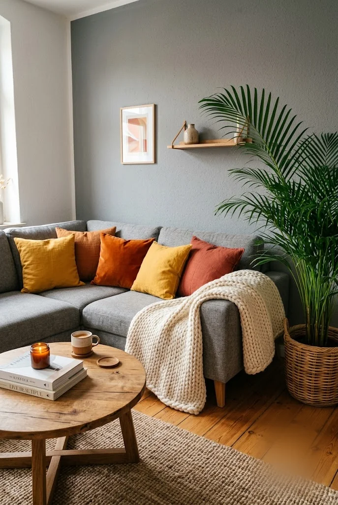 Warm Up a Grey Living Room With Mustard and Rust