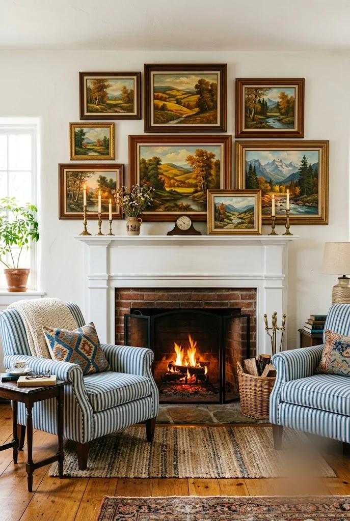 Layered Landscape Paintings Above a Mantel