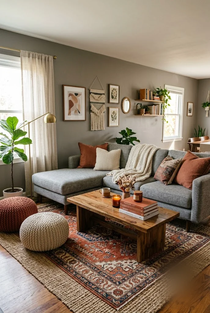 Layered Rugs for a Grey Living Room