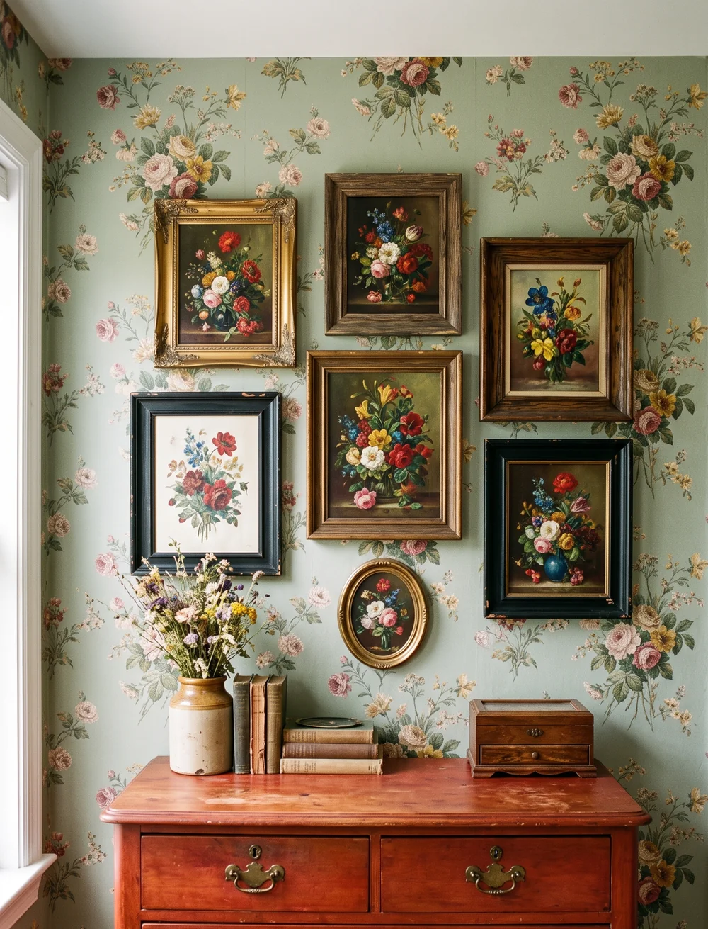 Mismatched Florals Over Bold Wallpaper