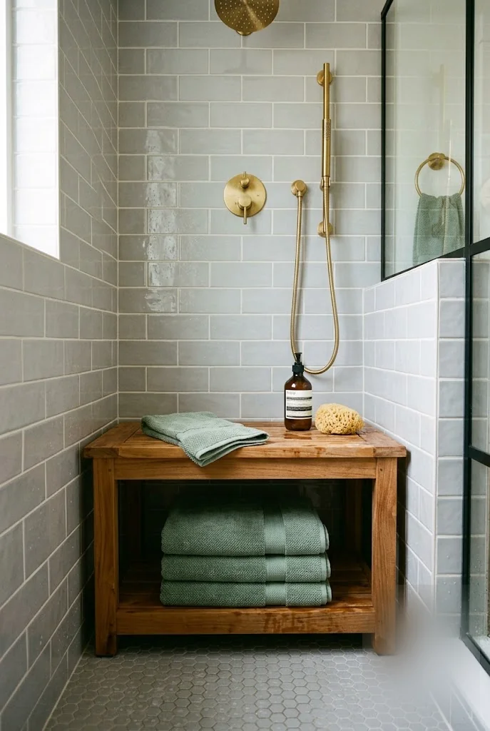 Built-In Teak Shower Storage Bench