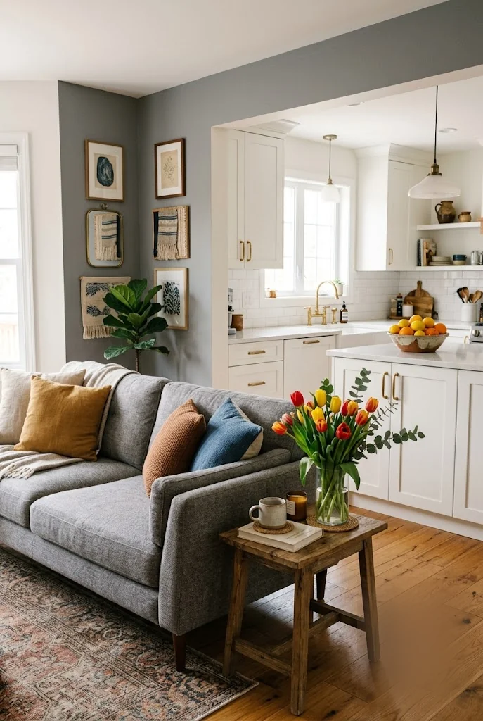 Open-Concept Grey Living Room and Kitchen