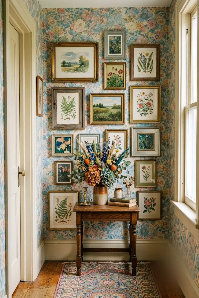 Framed Art Layered Over Floral Wallpaper