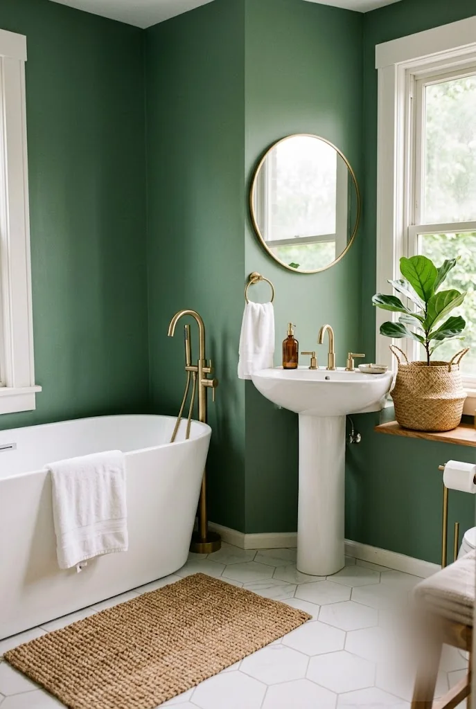 Matte Sage Green Walls with a White Freestanding Tub