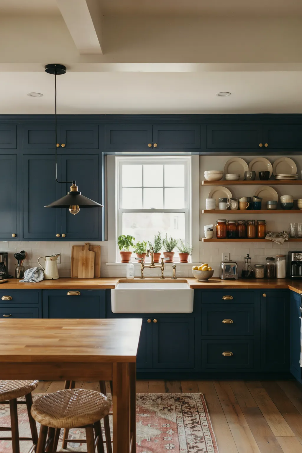 Navy Farmhouse Kitchen with an Apron Sink and Open Shelving