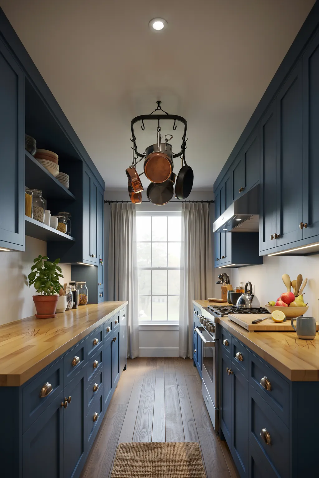 Navy Galley Kitchen with Warm Butcher Block Counters