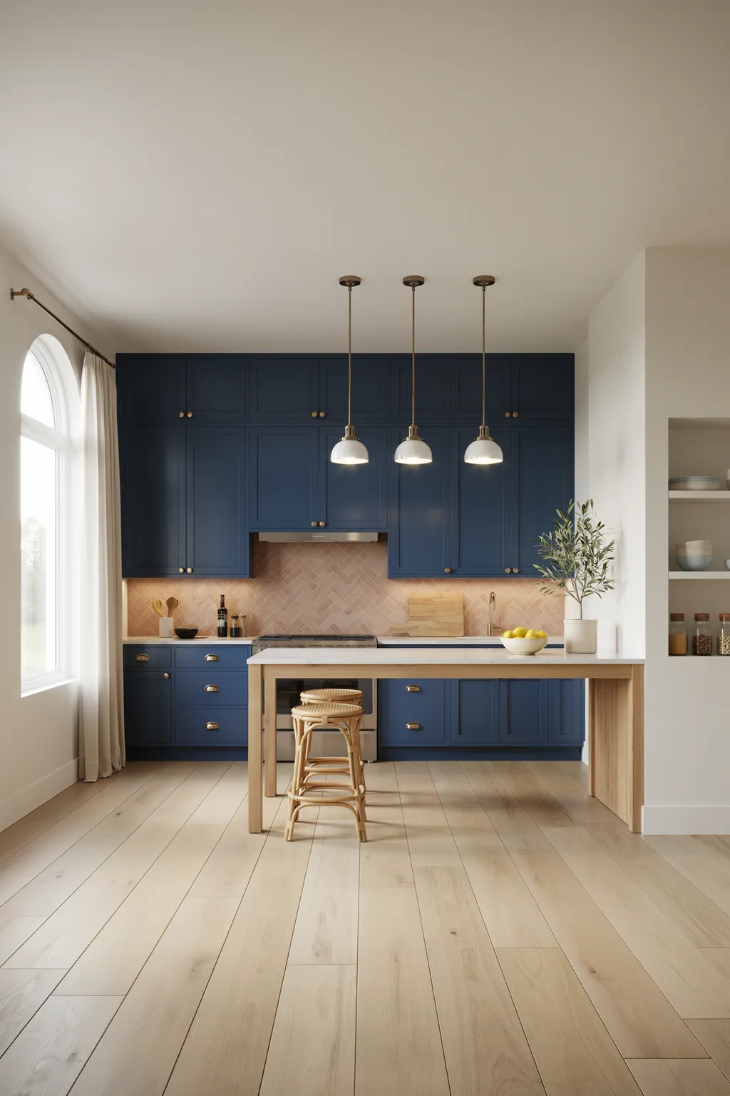 Navy Kitchen with a Herringbone Tile Backsplash