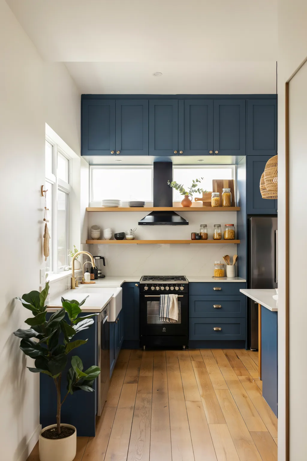 Navy Kitchen with Black Appliances and Wood Open Shelving
